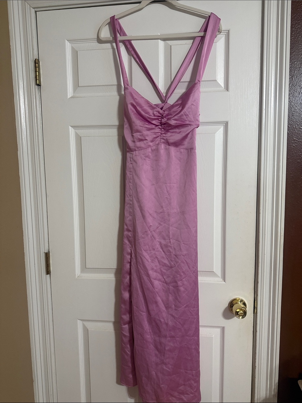 Show Me Your MuMu Lavender-Pink Satin Maxi Dress with Crisscross Straps
